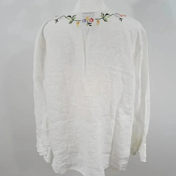 Talbots White Irish Linen Blouse Embroidered Ruffle Sleeve Womens Size Large - Picture 5 of 10